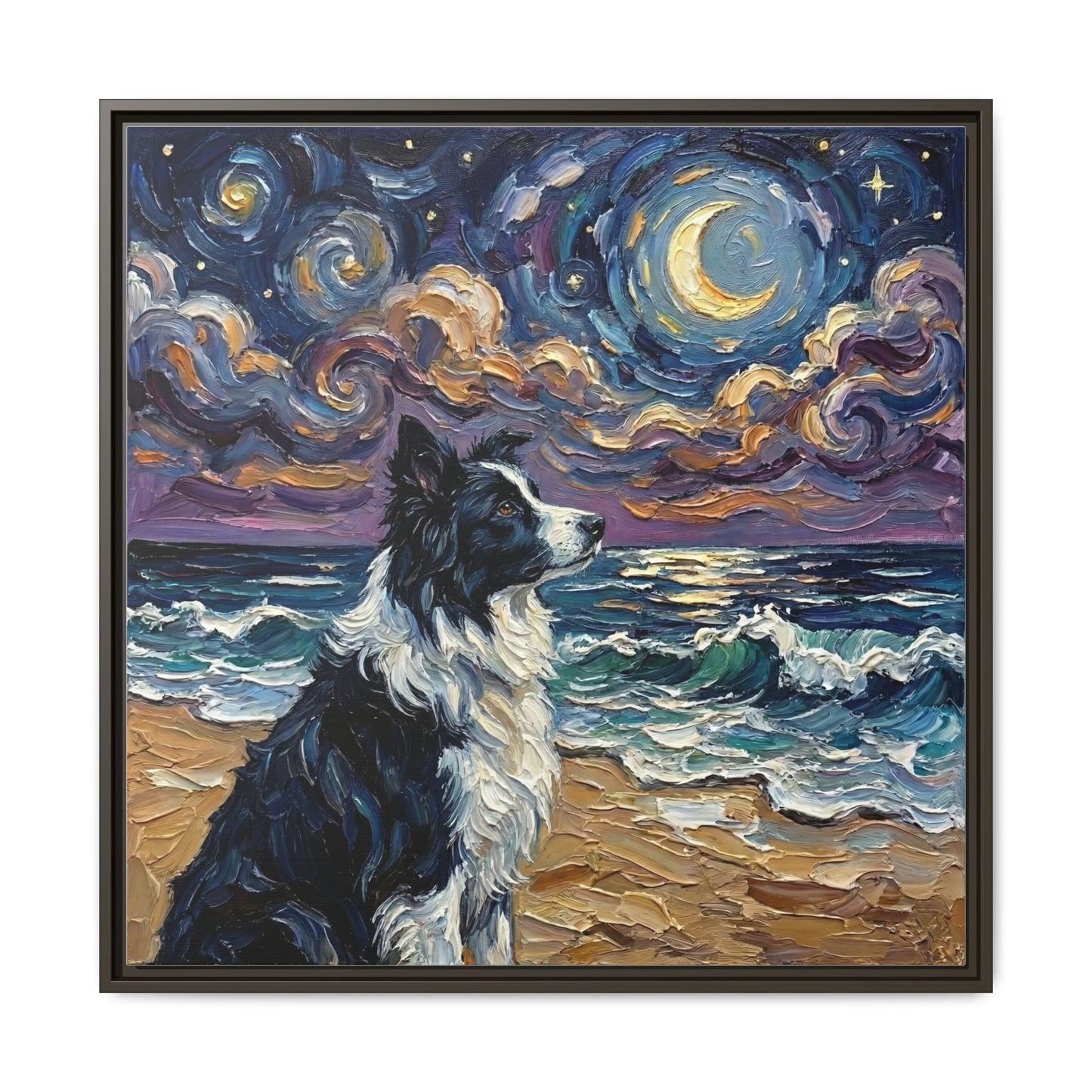 "Beach Night - Border Collie" Framed Canvas Wall Art