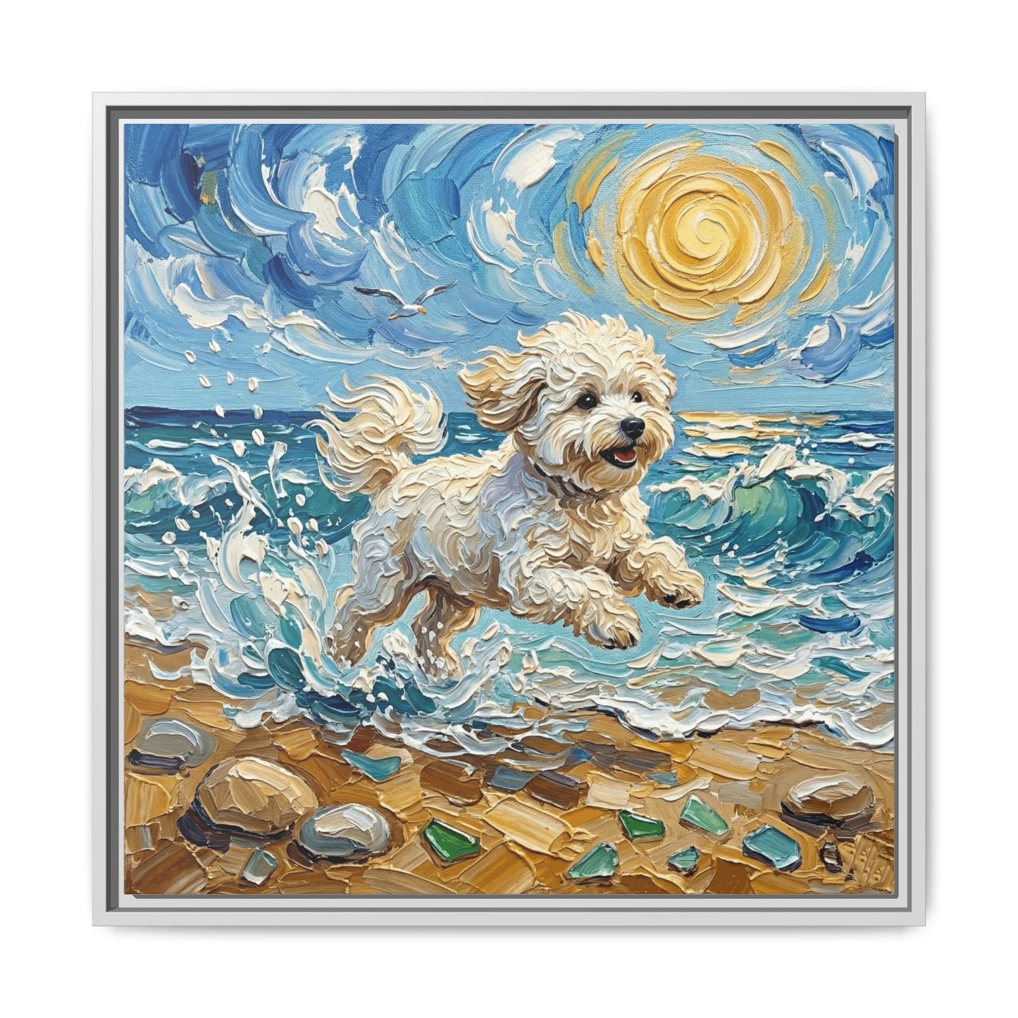 "Beach Day - Bichon Frise" Framed Canvas Wall Art