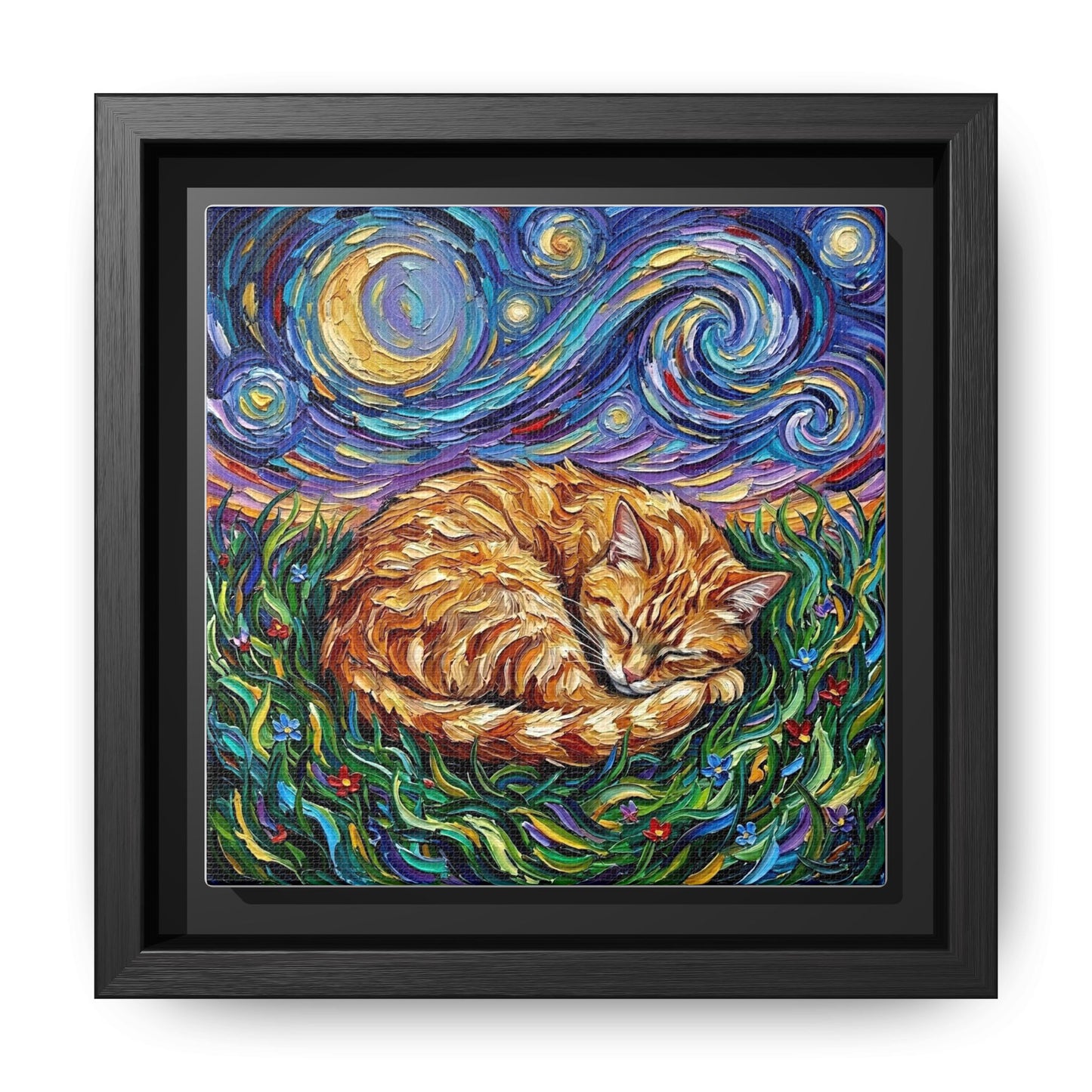 "Sleepy Orange Tabby Night" Framed Canvas Wall Art