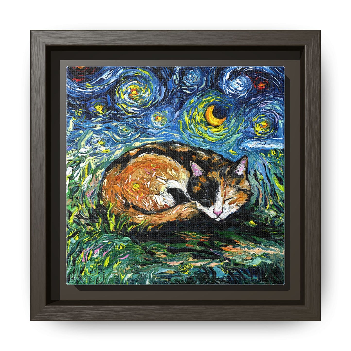 "Sleepy Calico Night" Framed Canvas Wall Art