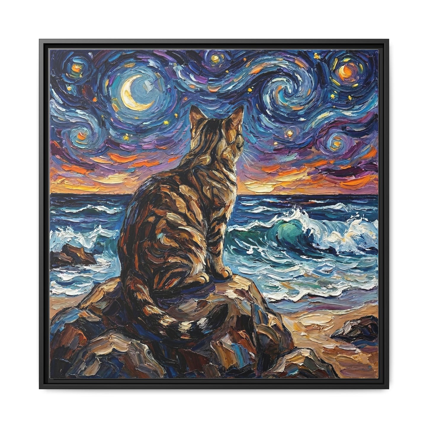"Beach Night - Brown Tabby" Framed Canvas Wall Art