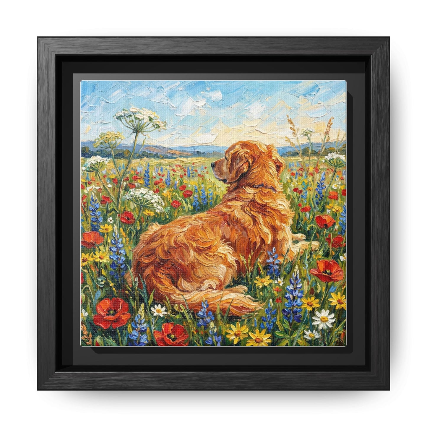 "Amongst The Flowers - Golden Retriever" Framed Canvas Wall Art
