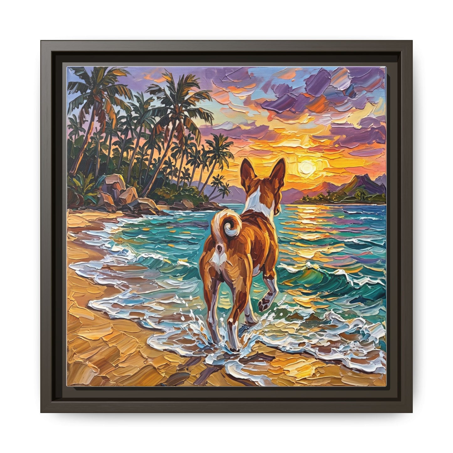 "Beach Day - Basenji" Framed Canvas Wall Art