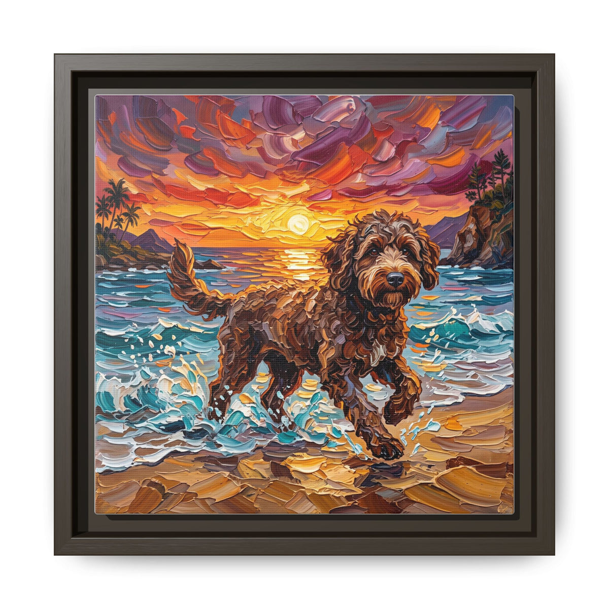 "Beach Day - Brown Goldendoodle" Framed Canvas Wall Art
