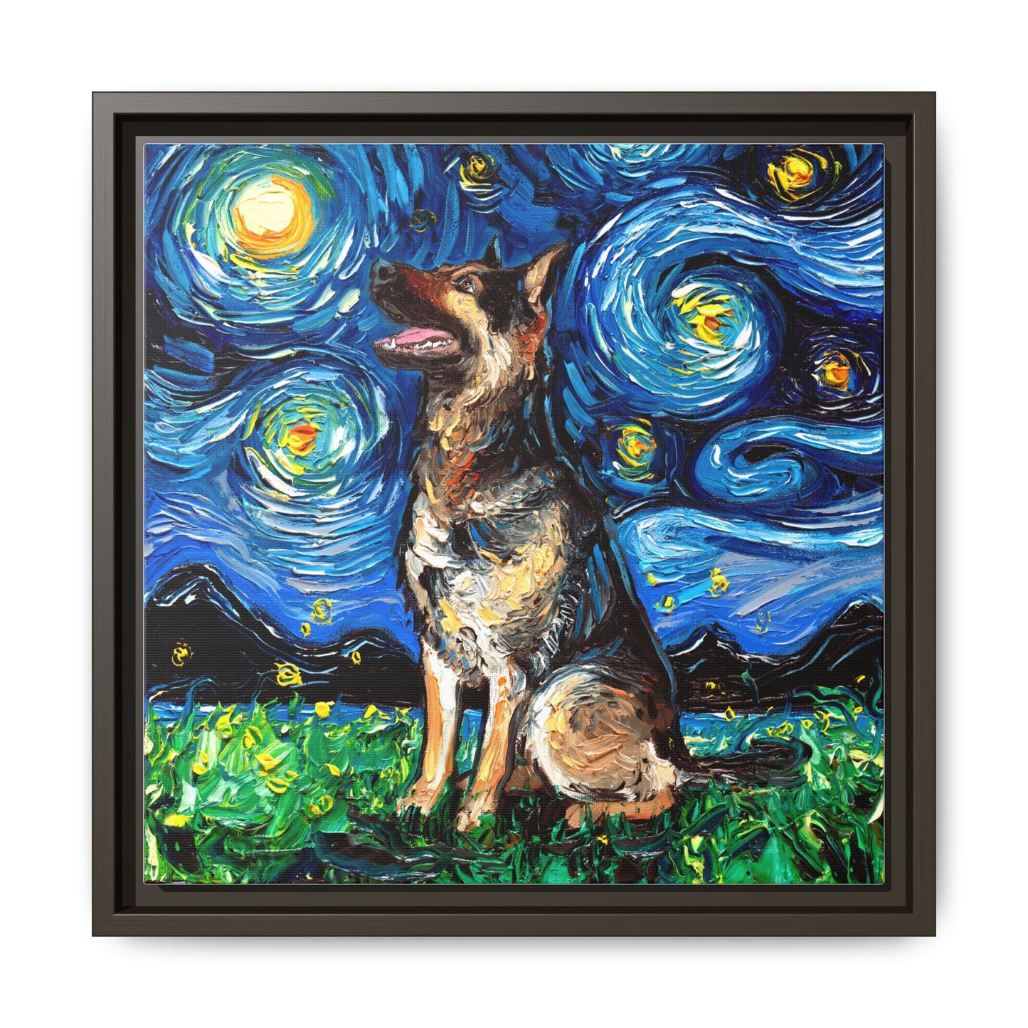 "German Shepherd Night" Framed Canvas Wall Art