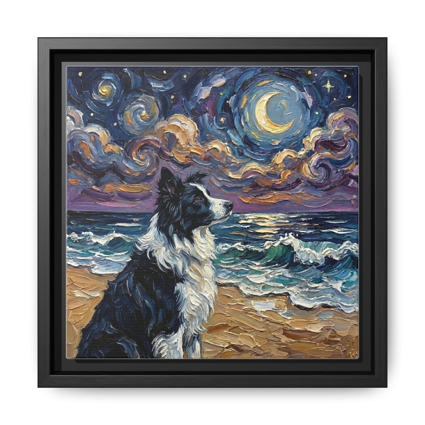 "Beach Night - Border Collie" Framed Canvas Wall Art