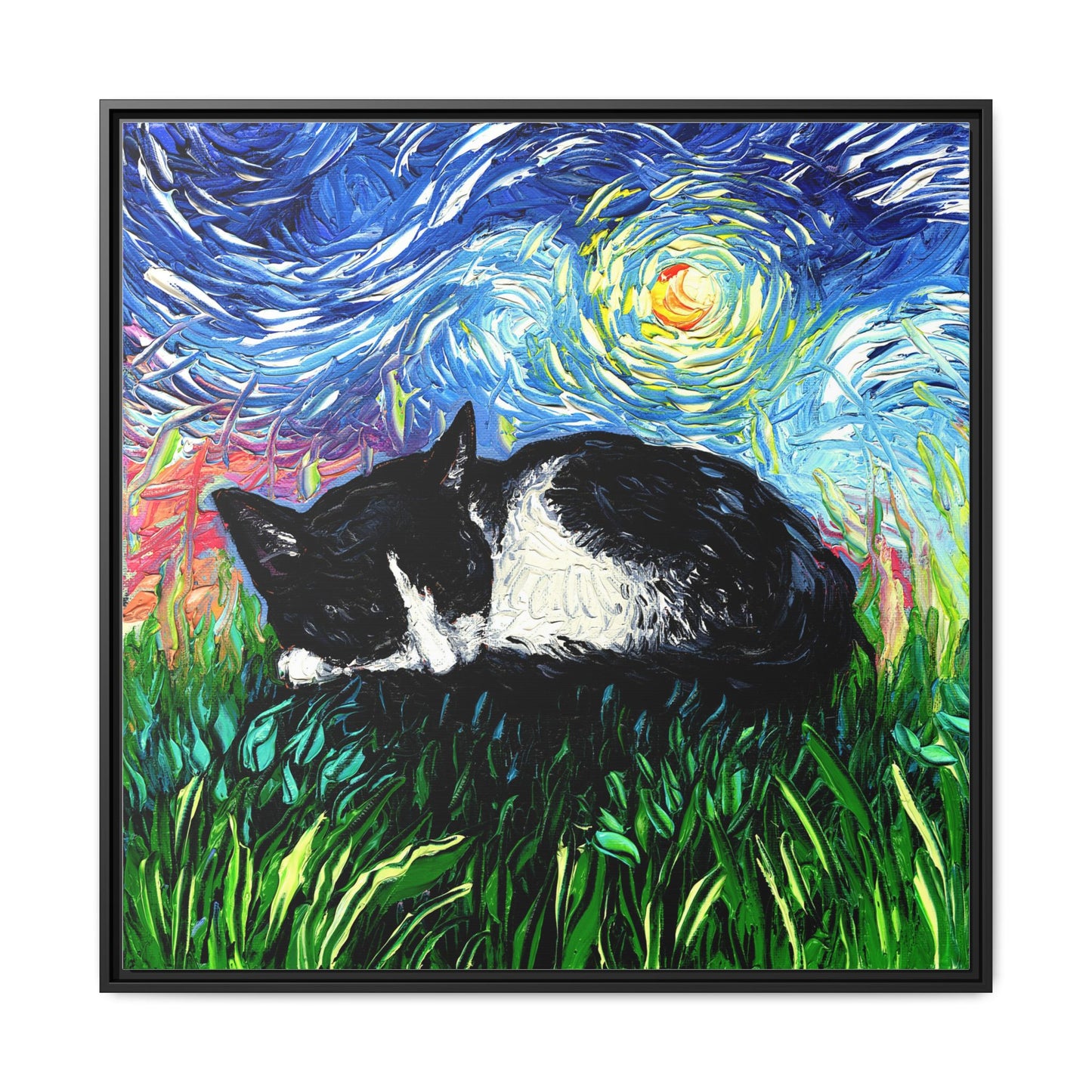 "Sleepy Tuxedo Kitten" Framed Canvas Wall Art