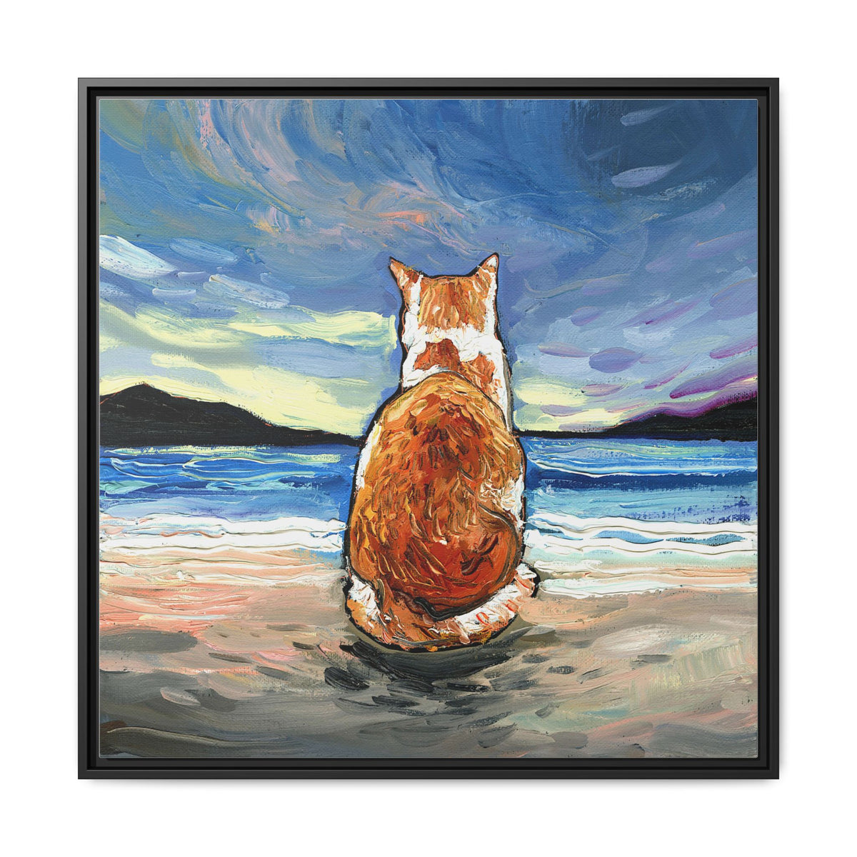 "Beach Day - Orange and White Tabby Cat" Framed Canvas Wall Art