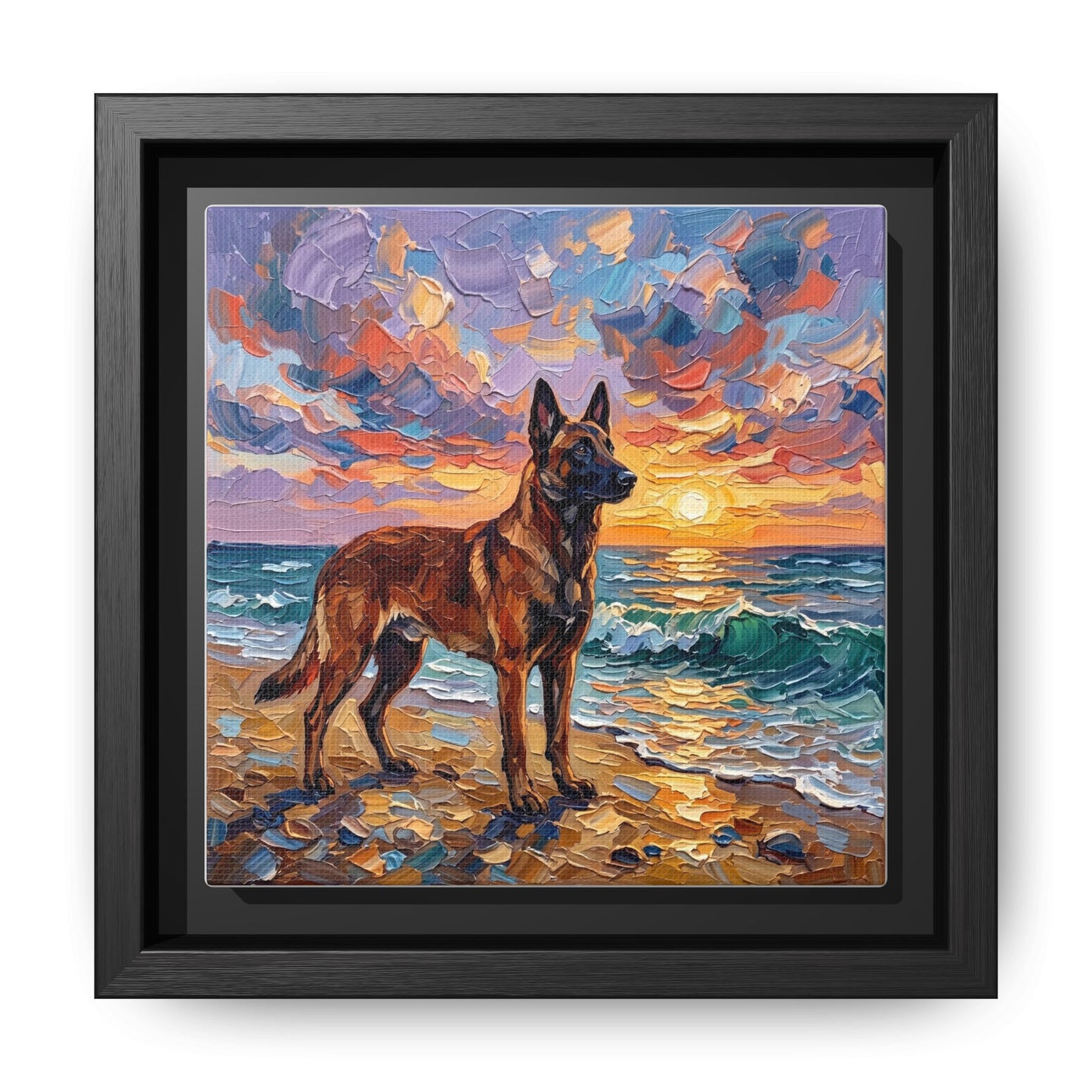 "Beach Sunset - Belgian Malinois" Framed Canvas Wall Art