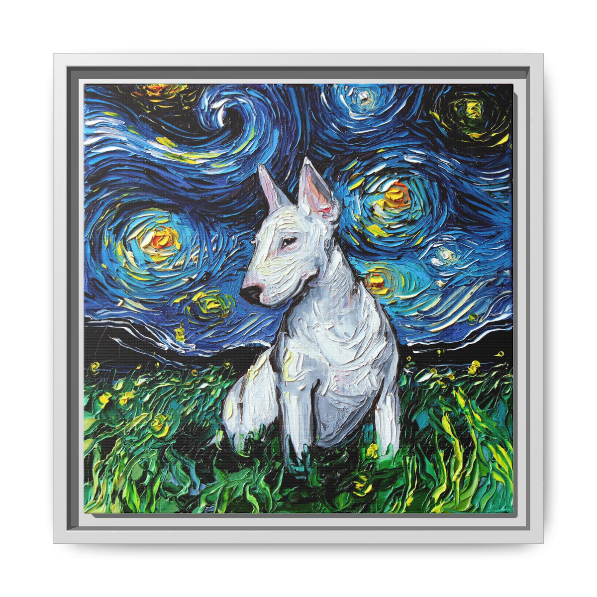 "Bull Terrier Night" Framed Canvas Wall Art