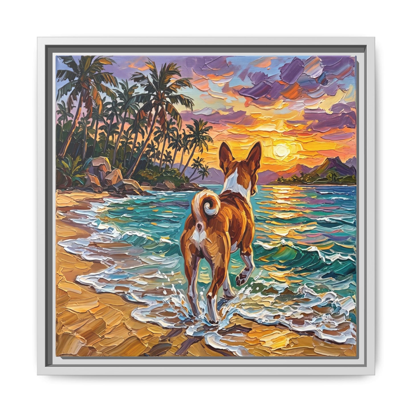 "Beach Day - Basenji" Framed Canvas Wall Art