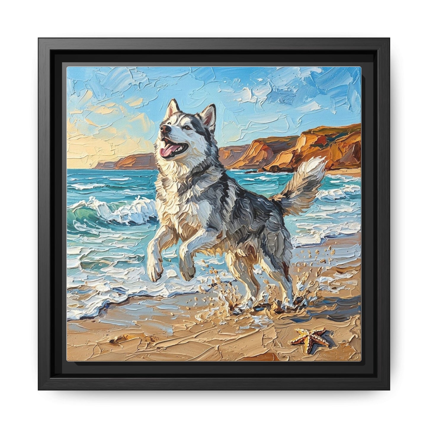 "Beach Day - Husky" Framed Canvas Wall Art