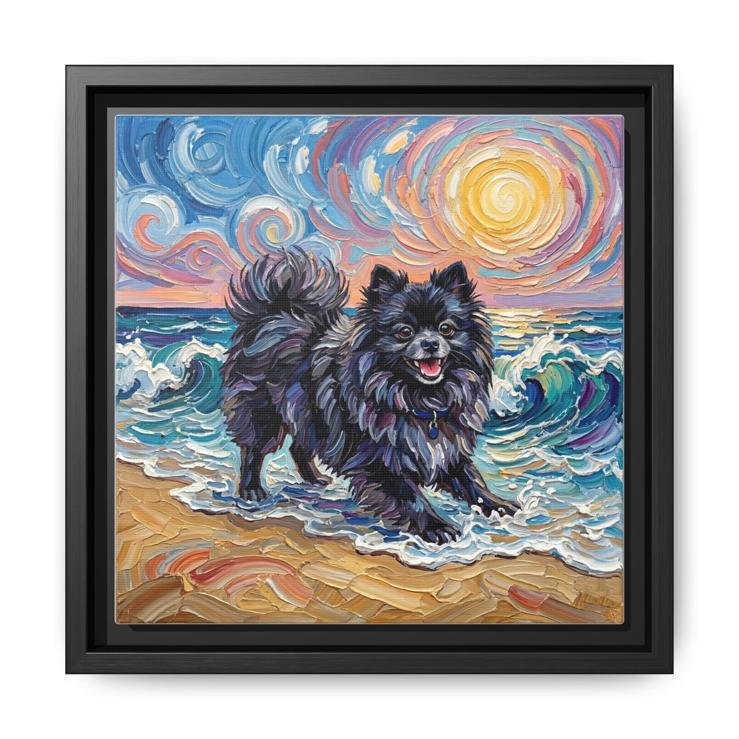 "Beach Day - Black Pomeranian" Framed Canvas Wall Art