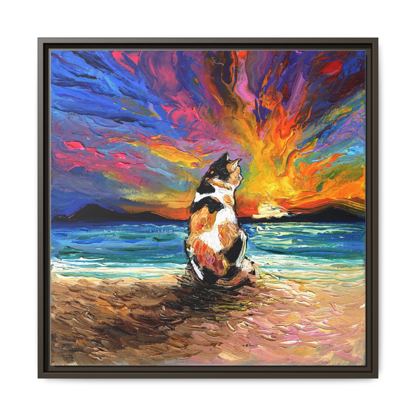 "Beach Day - Calico Cat" Framed Canvas Wall Art