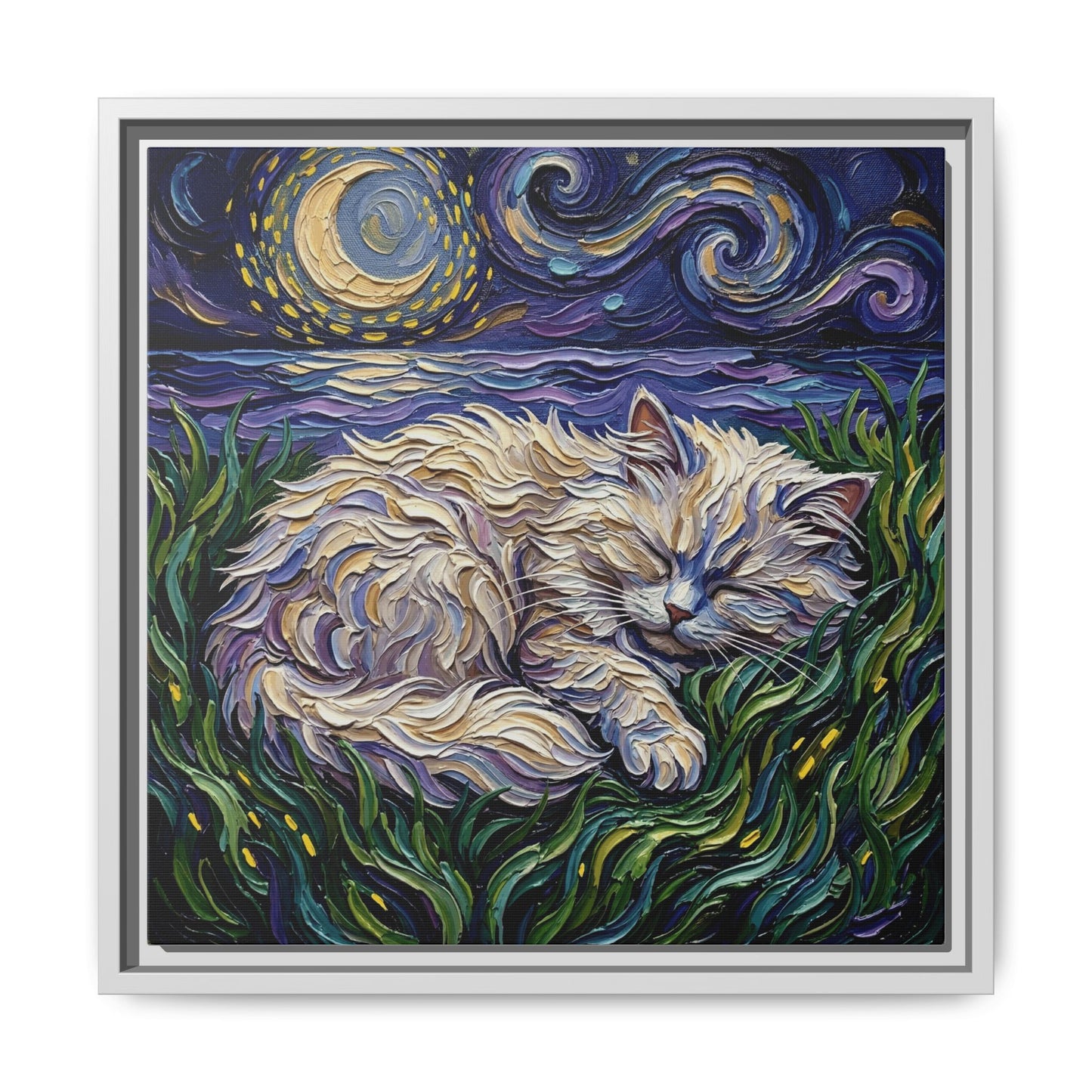 "Sleepy White Persian Night" Framed Canvas Wall Art