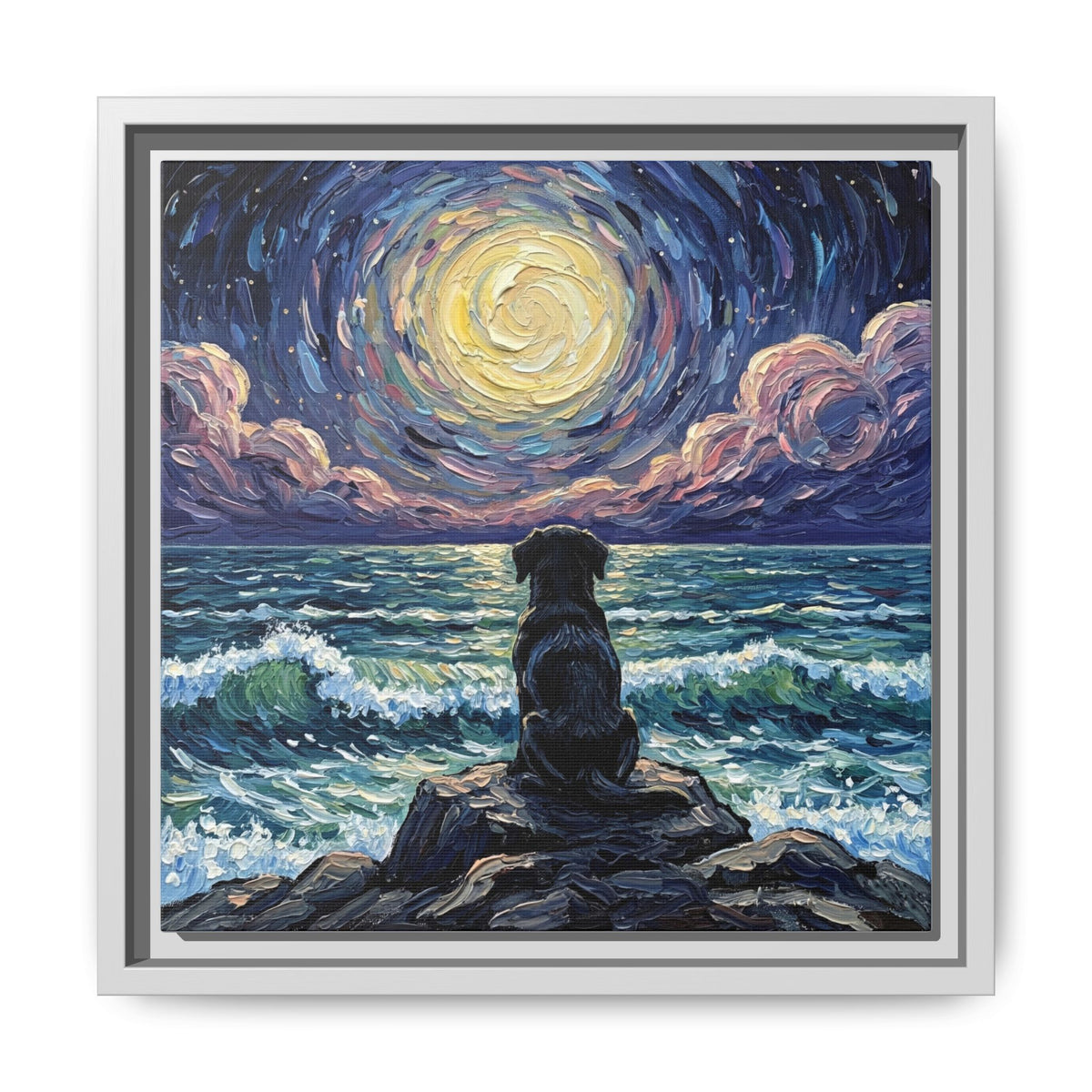 "Beach Night - Black Lab Puppy" Framed Canvas Wall Art