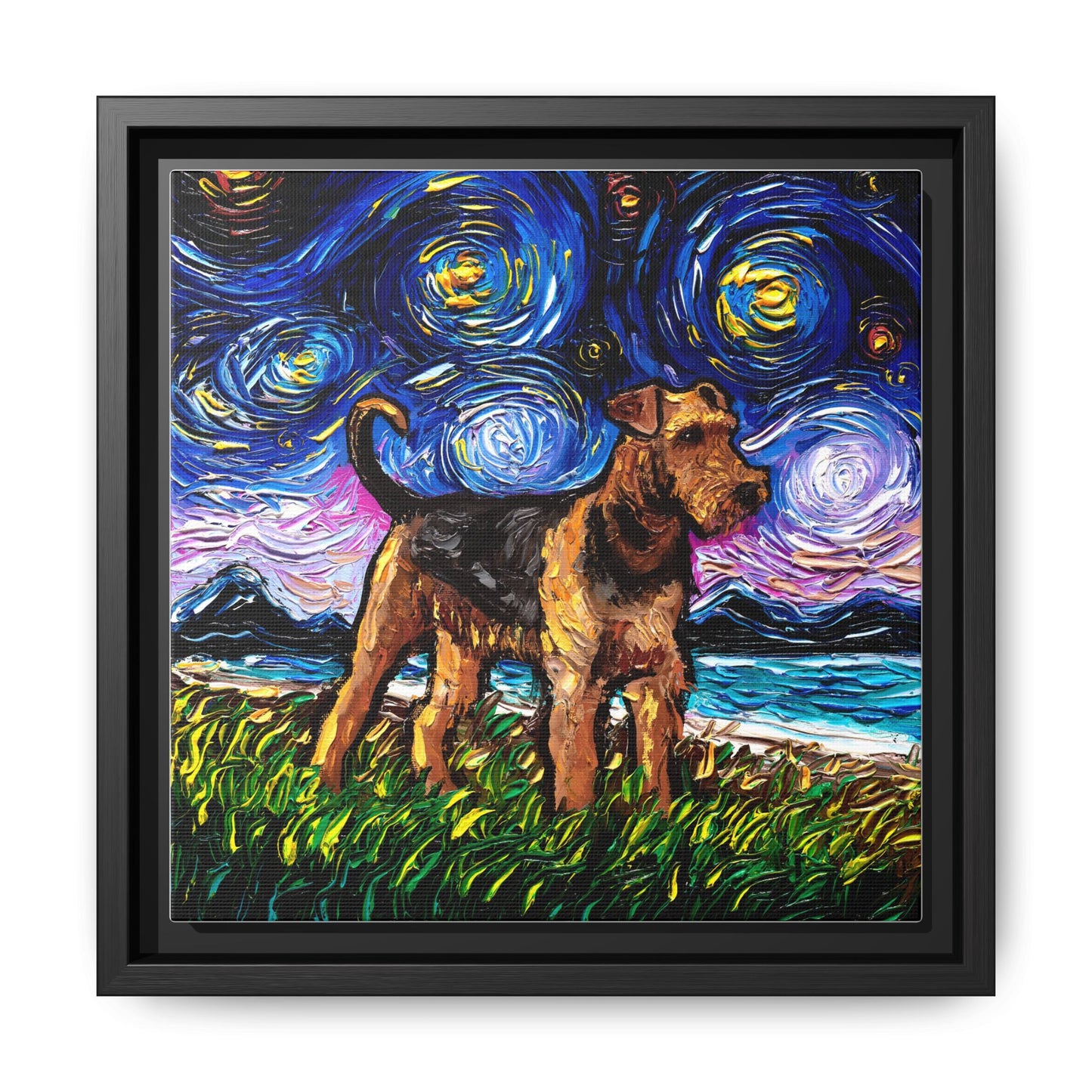"Airedale Terrier Night" Framed Canvas Wall Art