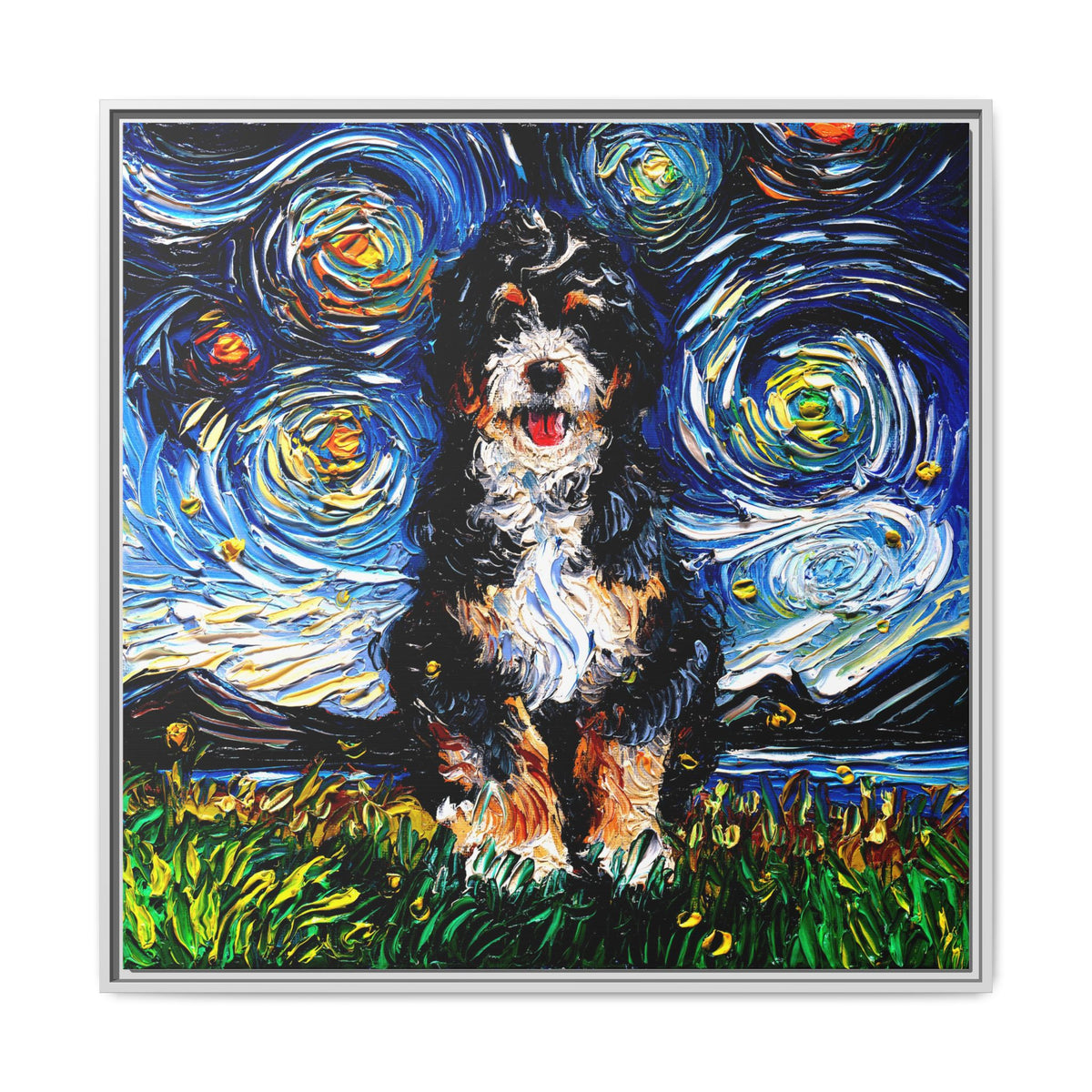 "Bernedoodle Night" Framed Canvas Wall Art