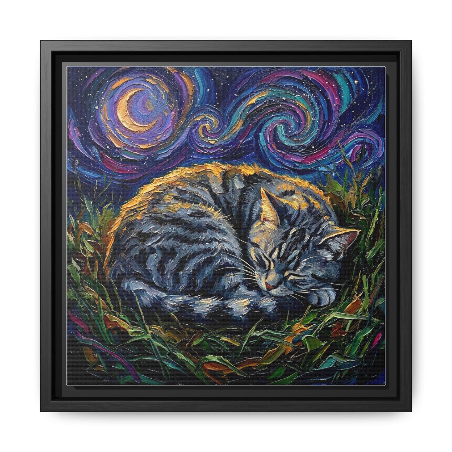 "Sleepy American Shorthair Tabby Night" Framed Canvas Wall Art