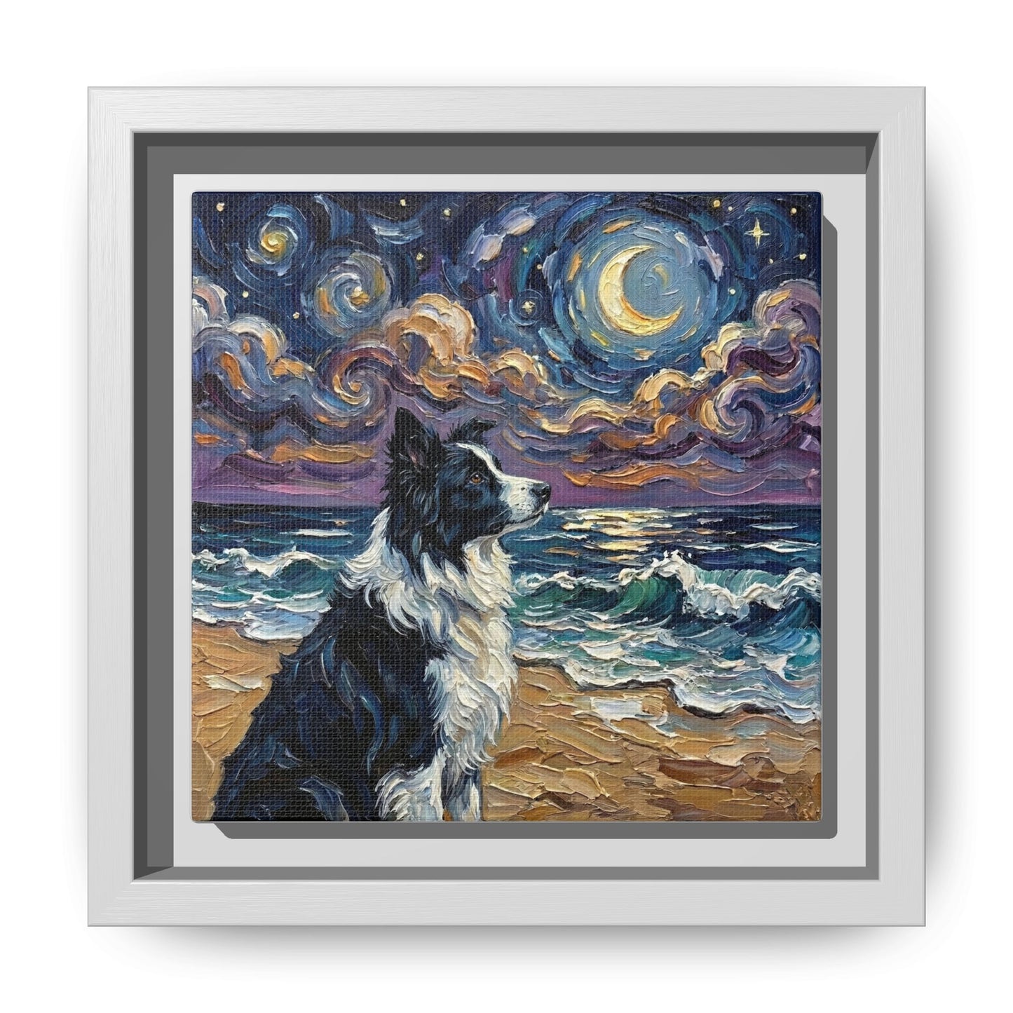 "Beach Night - Border Collie" Framed Canvas Wall Art