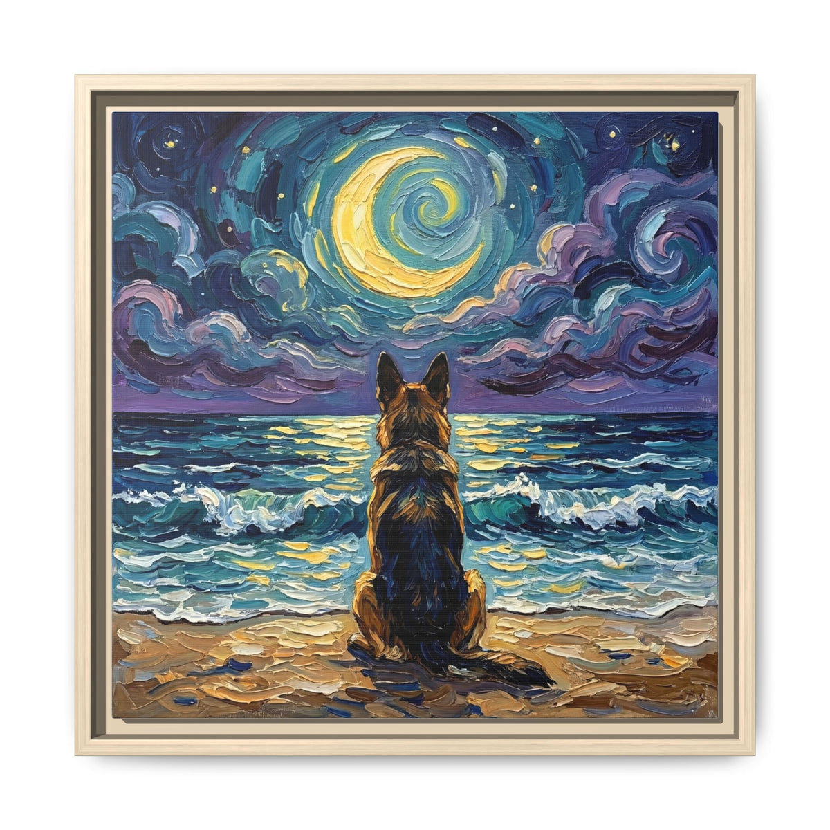 "Beach Night - German Shepherd" Framed Canvas Wall Art