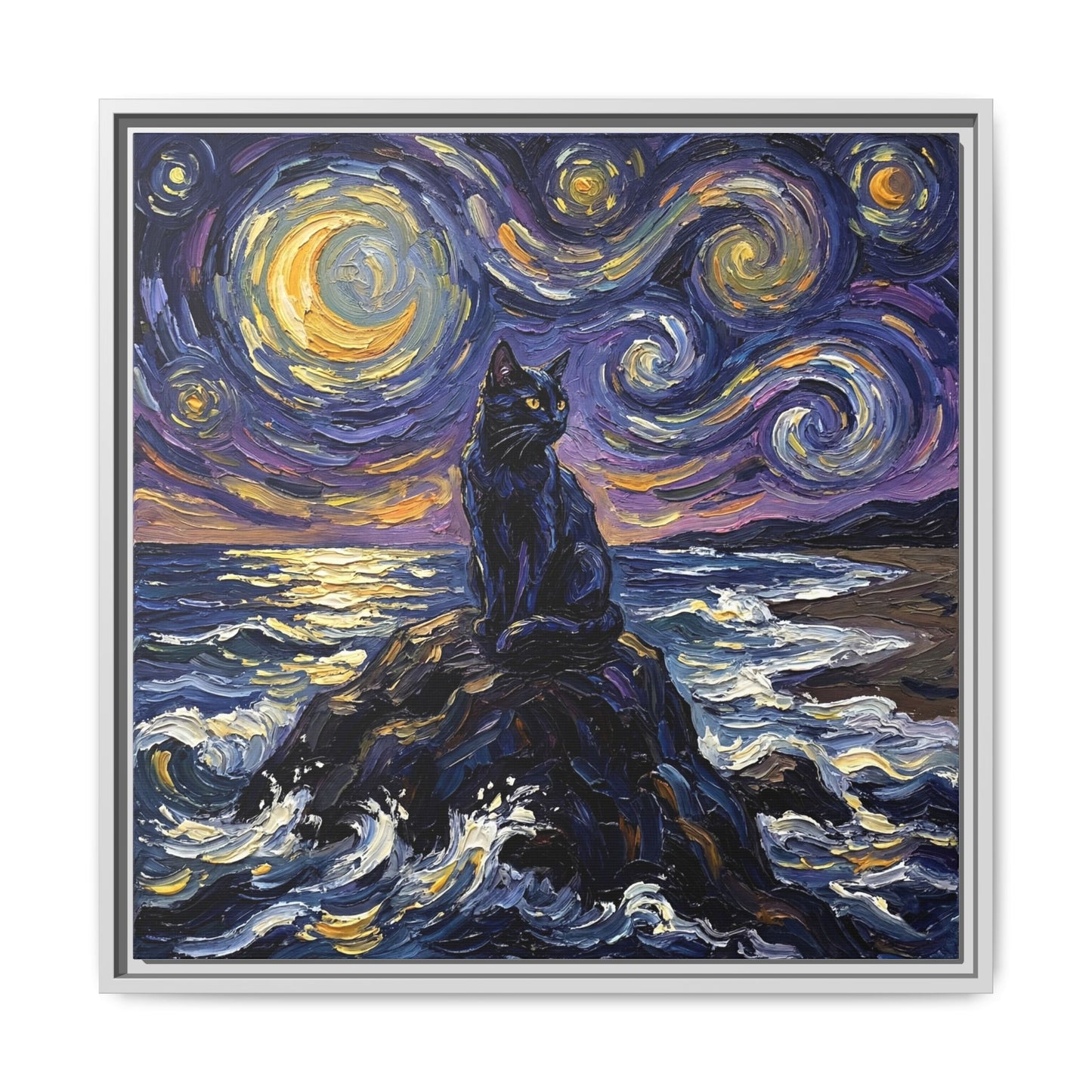 "Beach Night - Black Cat" Framed Canvas Wall Art