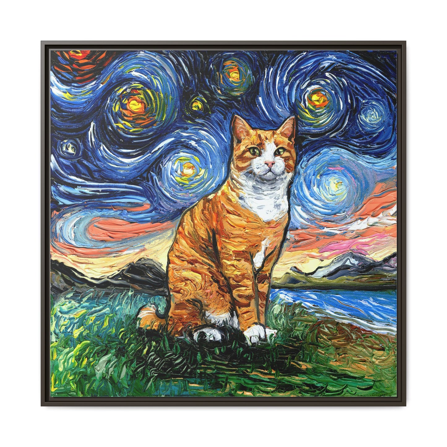 "Orange Tuxedo Tabby Night" Framed Canvas Wall Art