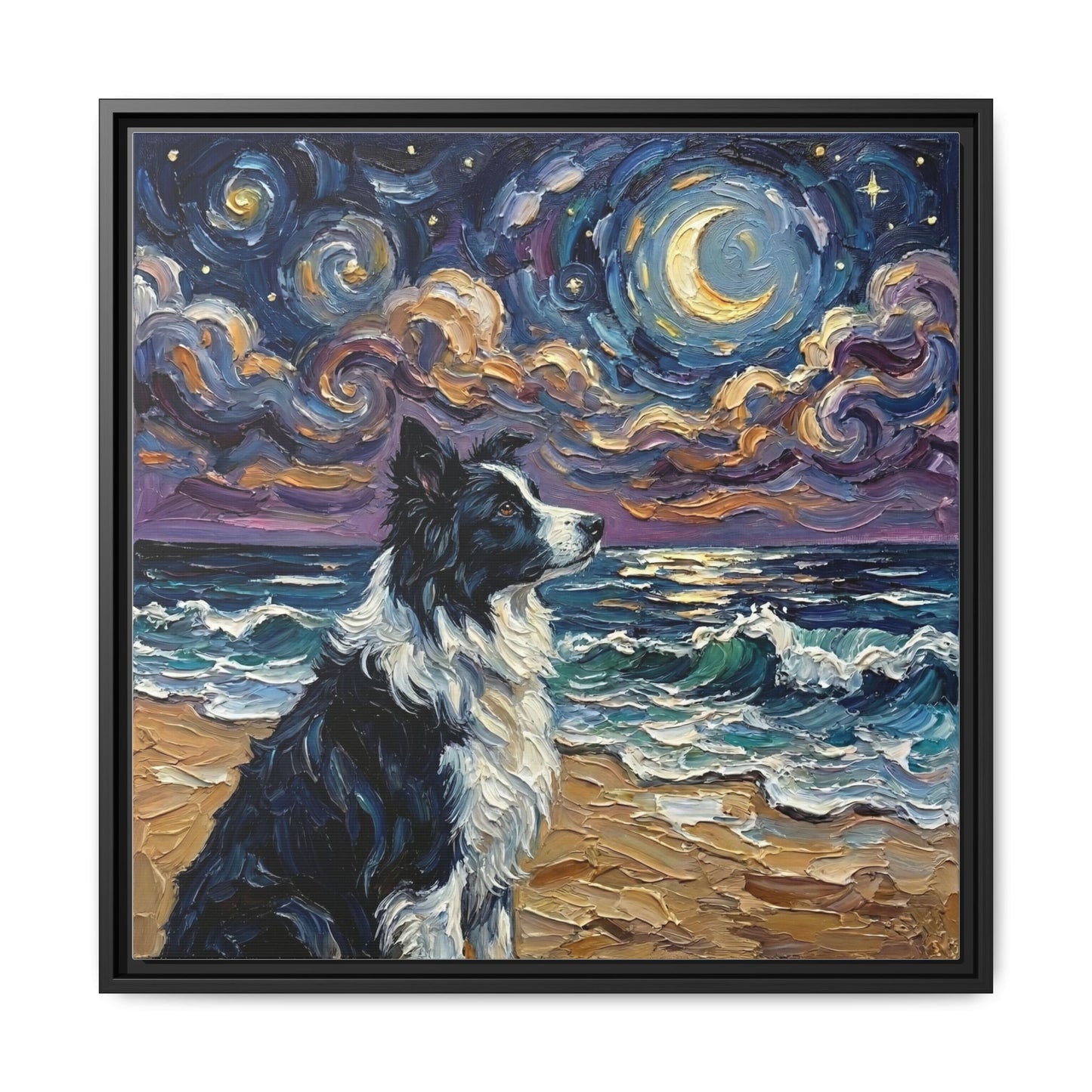 "Beach Night - Border Collie" Framed Canvas Wall Art