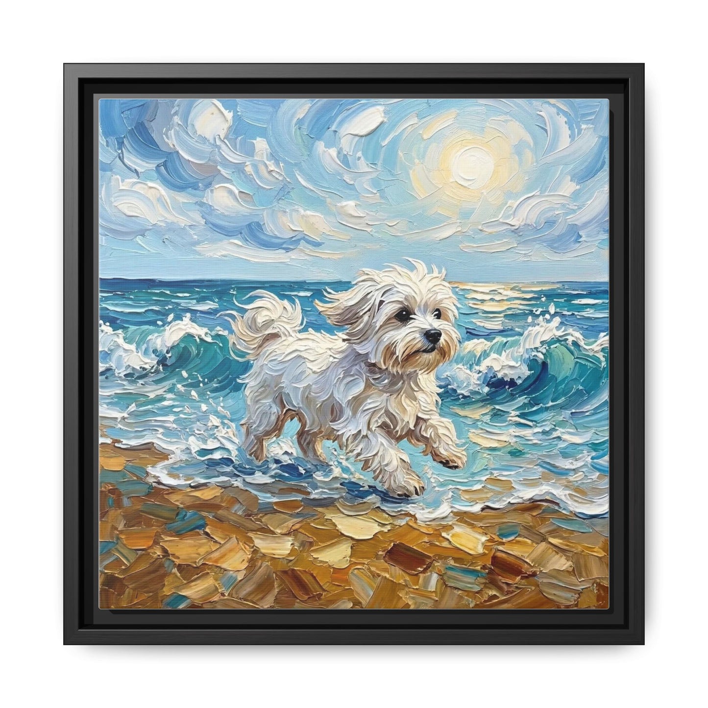 "Beach Day - Maltese" Framed Canvas Wall Art