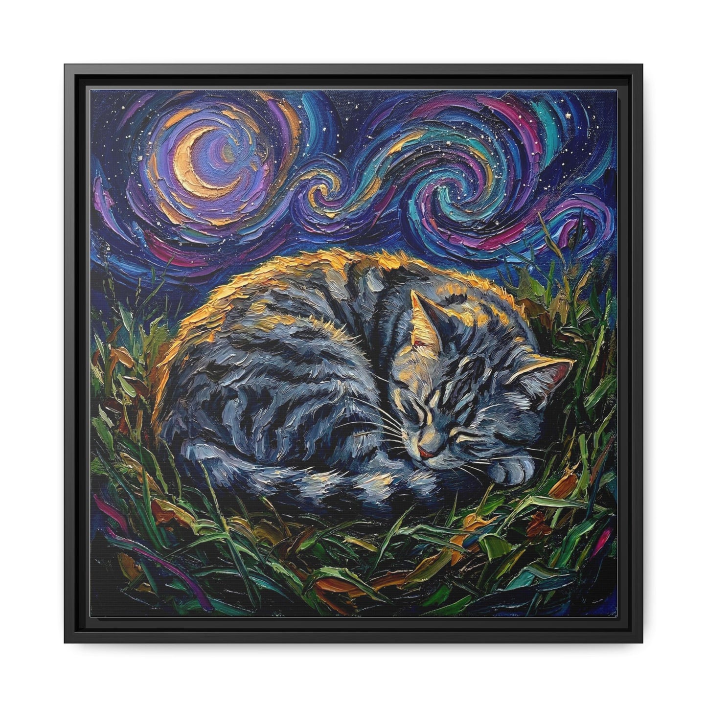 "Sleepy American Shorthair Tabby Night" Framed Canvas Wall Art