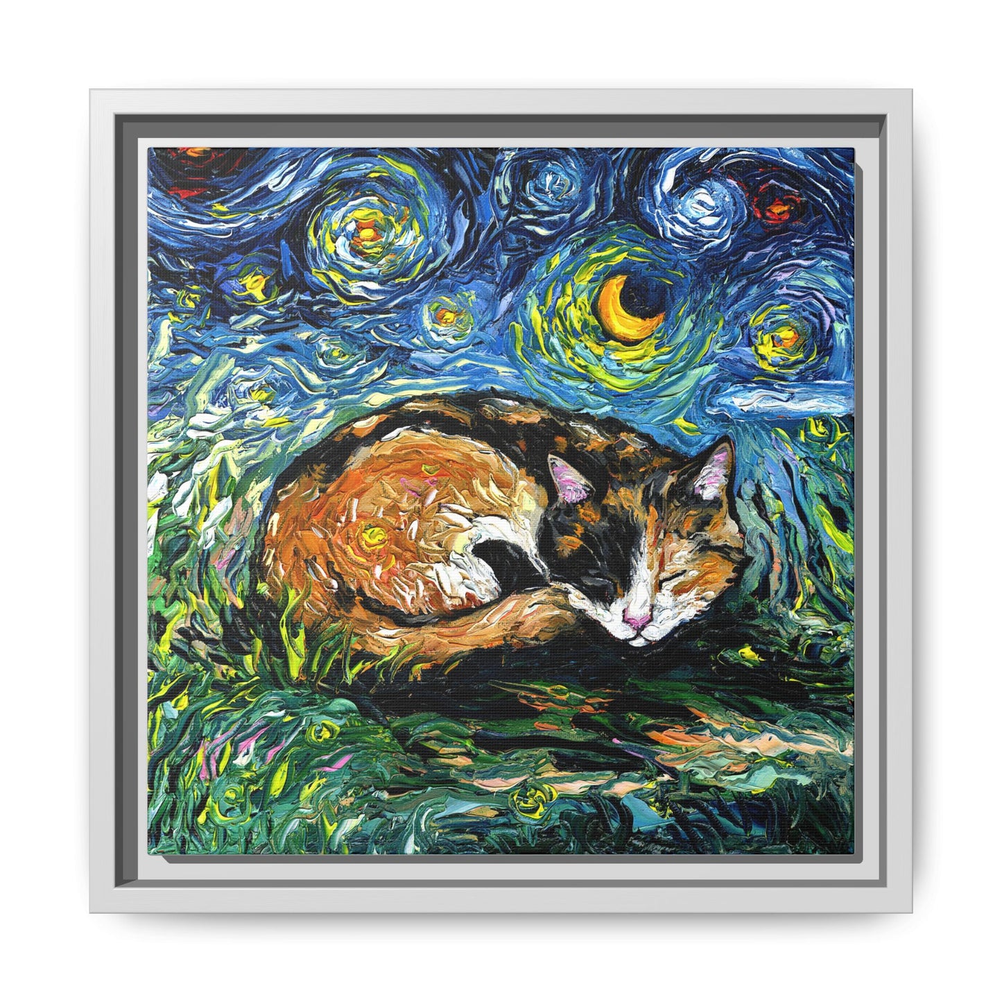 "Sleepy Calico Night" Framed Canvas Wall Art