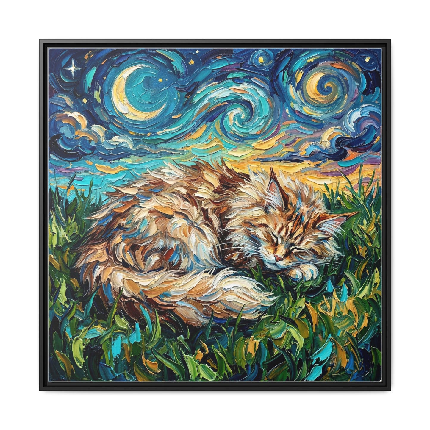 "Sleepy Maine Coon Night" Framed Canvas Wall Art