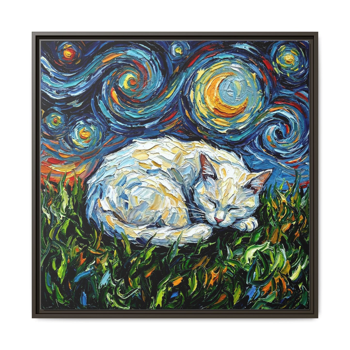 "Sleepy White Cat Night" Framed Canvas Wall Art