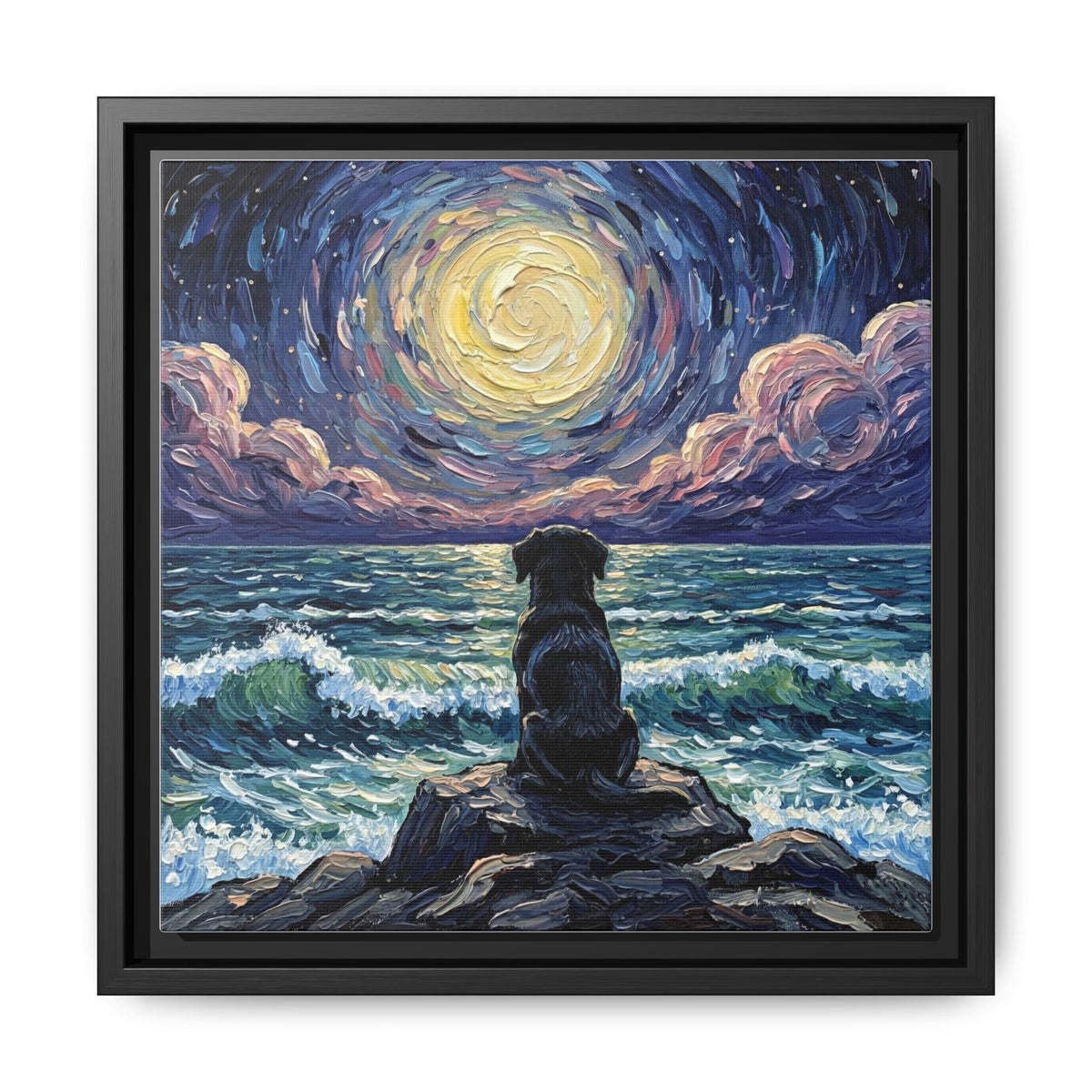 "Beach Night - Black Lab Puppy" Framed Canvas Wall Art