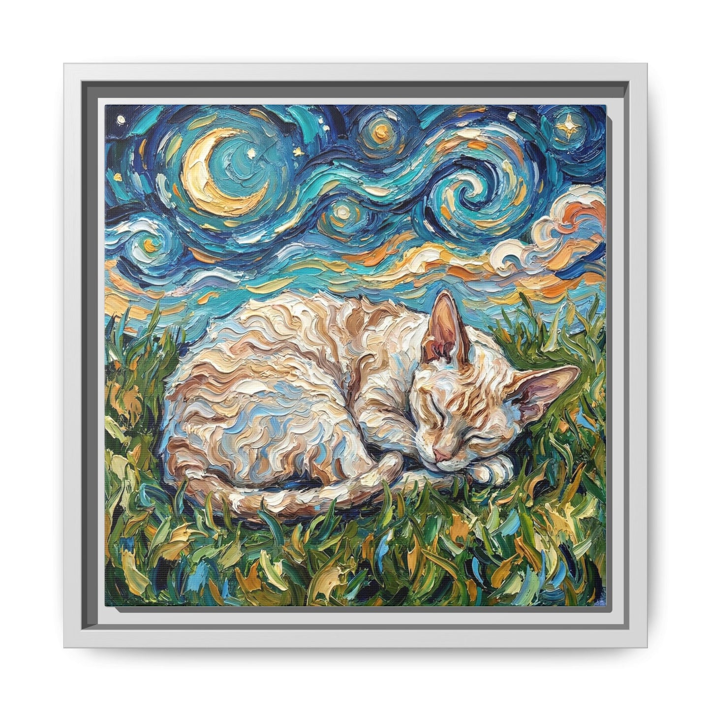 "Sleepy Cornish Rex Night" Framed Canvas Wall Art