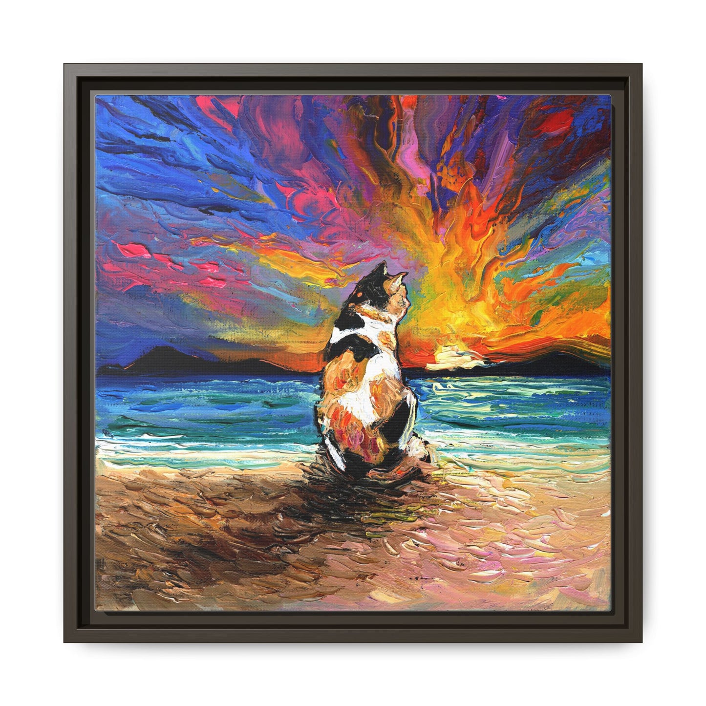 "Beach Day - Calico Cat" Framed Canvas Wall Art