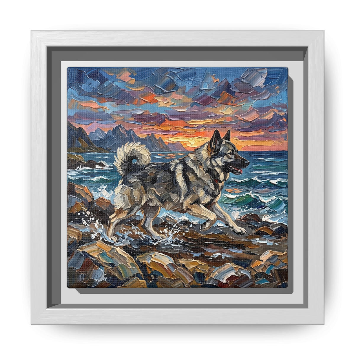 "Beach Days - Norwegian Elkhound" Framed Canvas Wall Art