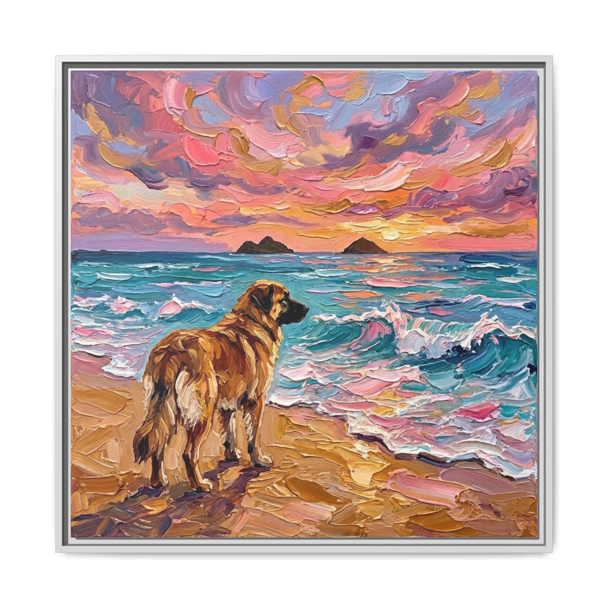 "Beach Days - Leonberger" Framed Canvas Wall Art