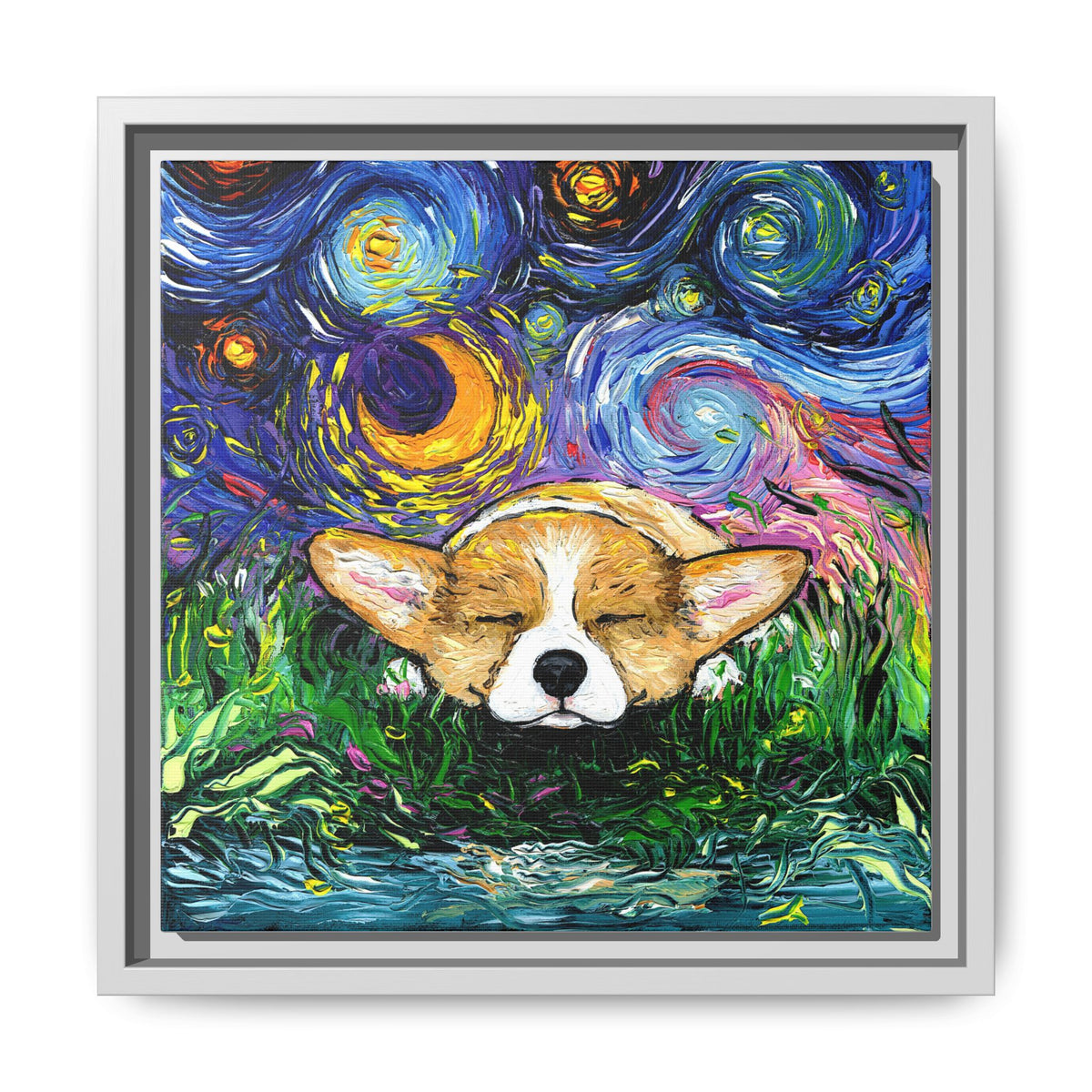 "Sleepy Corgi Night" Framed Canvas Wall Art