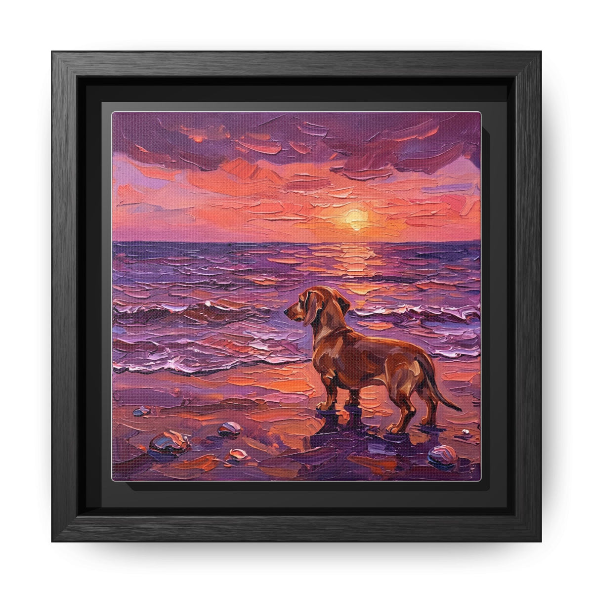 "Beach Day - Brown Dachshund" Framed Canvas Wall Art
