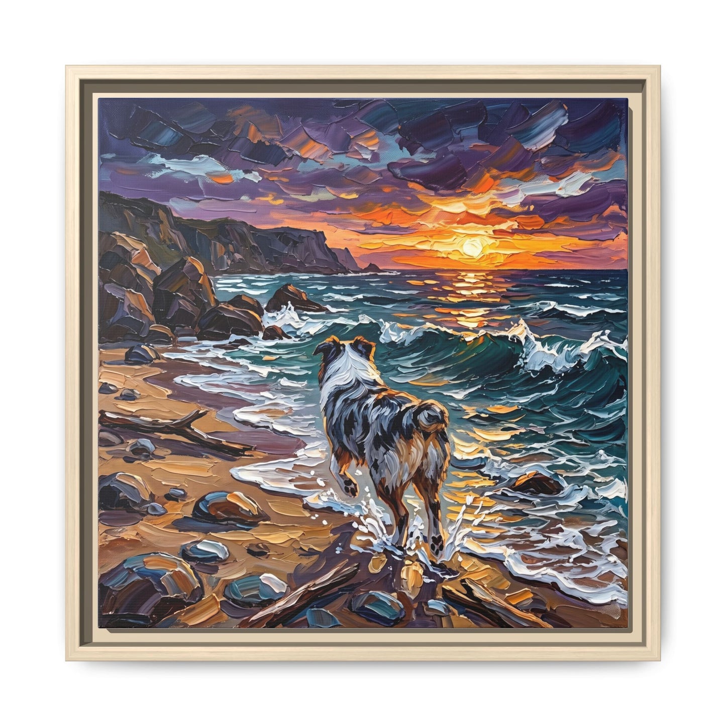 "Beach Day - Merle Aussie Shepherd" Framed Canvas Wall Art