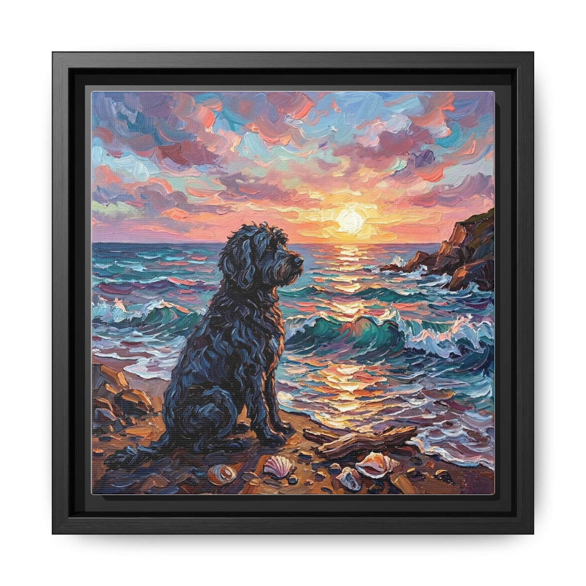 "Beach Days - Portuguese Water Dog" Framed Canvas Wall Art