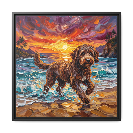 "Beach Day - Brown Goldendoodle" Framed Canvas Wall Art