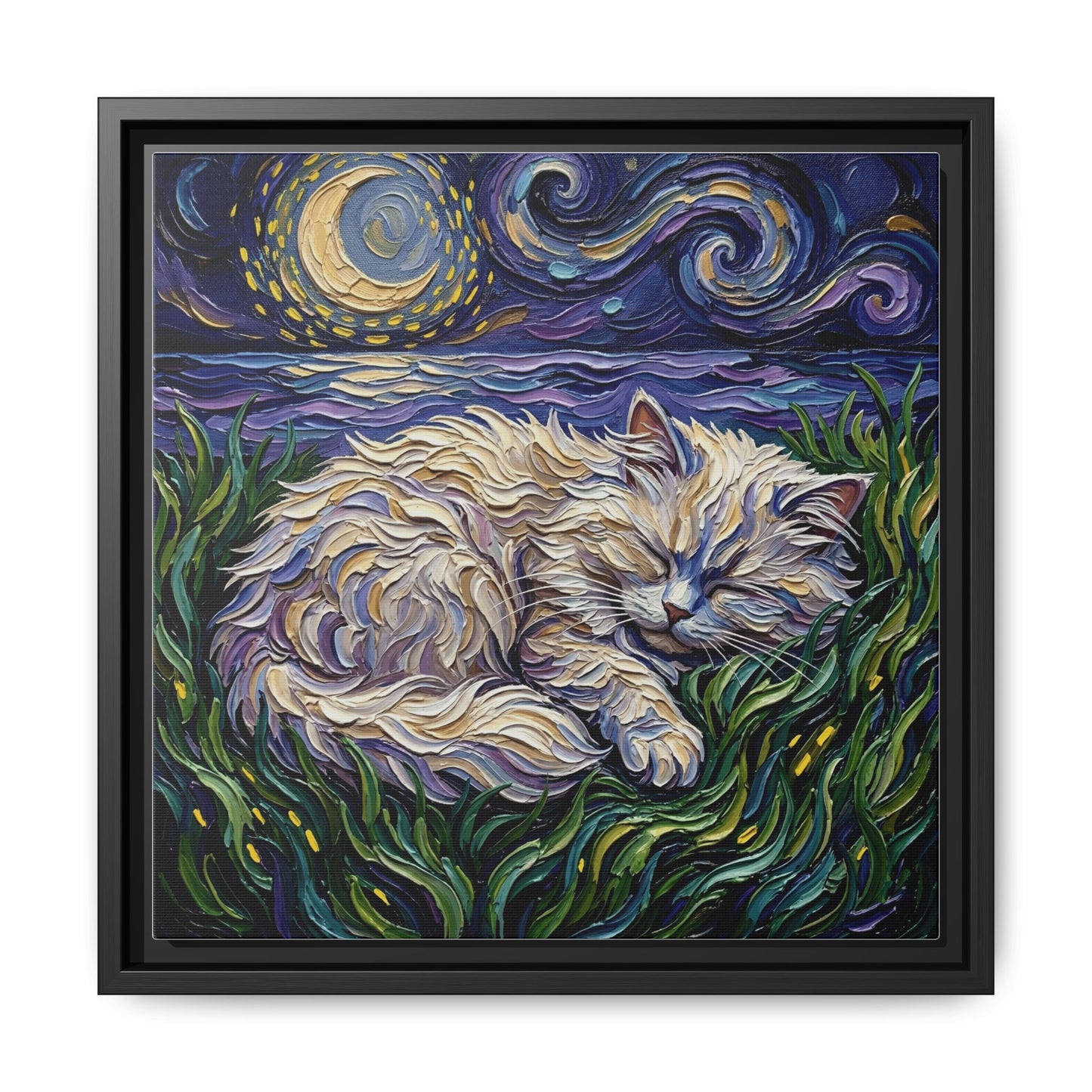 "Sleepy White Persian Night" Framed Canvas Wall Art