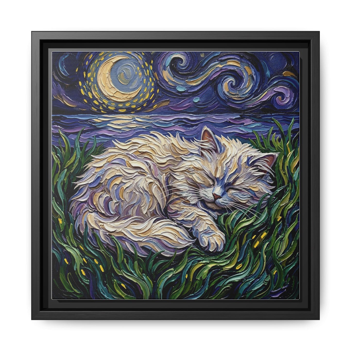 "Sleepy White Persian Night" Framed Canvas Wall Art