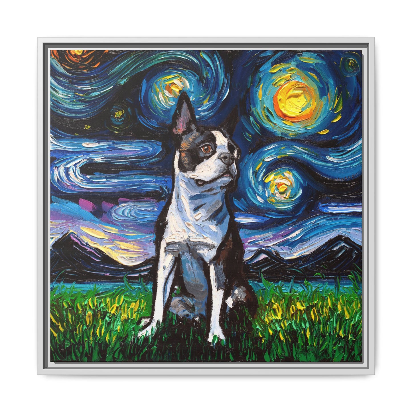 "Boston Terrier Night" Framed Canvas Wall Art