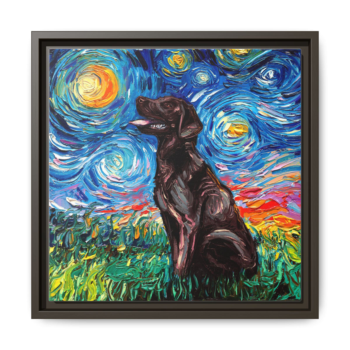 "Chocolate Labrador Night" Framed Canvas Wall Art