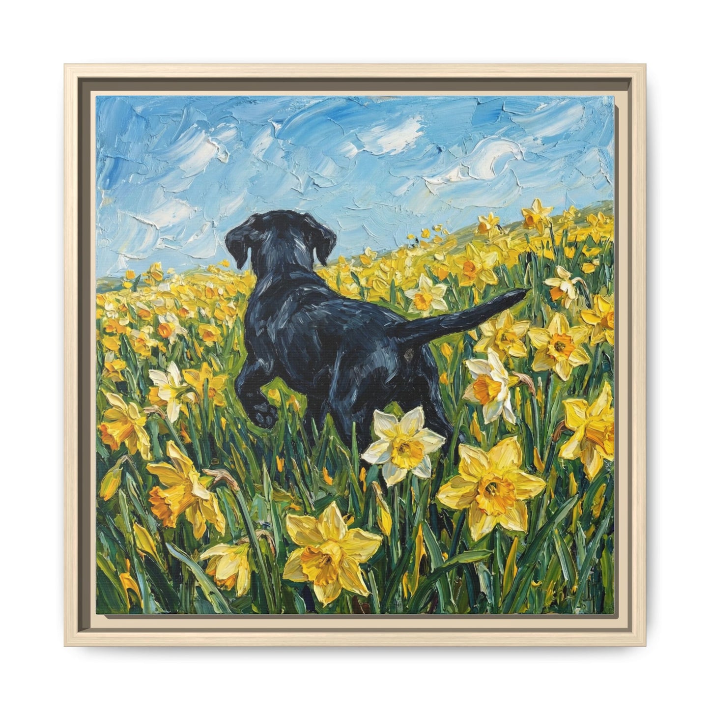 "Amongst The Flowers - Black Labrador" Framed Canvas Wall Art