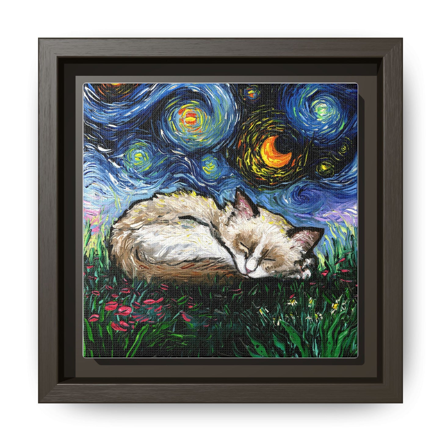 "Sleepy Ragdoll Kitten Night" Framed Canvas Wall Art