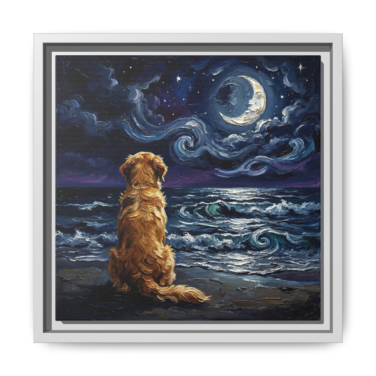 "Beach Night - Golden Retriever" Framed Canvas Wall Art